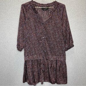 Code x Mode Drop Waist Button Front Ruffle Skirt Satin V Neck Dress